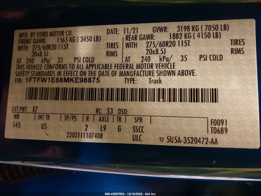 2021 Ford F-150 Xlt VIN: 1FTFW1E88MKE98875 Lot: 43897652