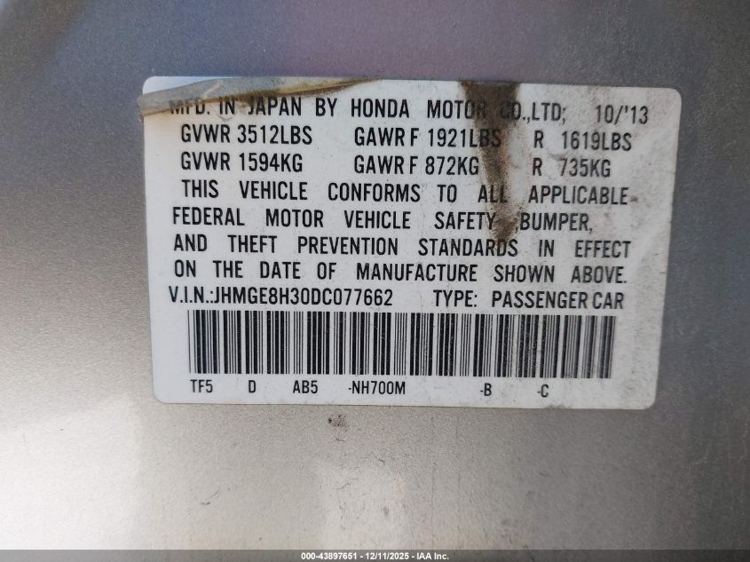 2013 Honda Fit VIN: JHMGE8H30DC077662 Lot: 43897651