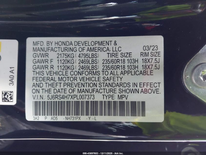 2023 Honda Cr-V Ex-L Awd VIN: 5J6RS4H7XPL007373 Lot: 43897653
