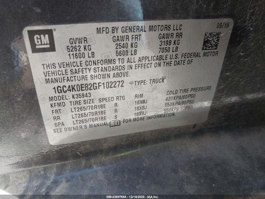 2016 Chevrolet Silverado 3500Hd Ltz VIN: 1GC4K0E82GF102272 Lot: 43897658