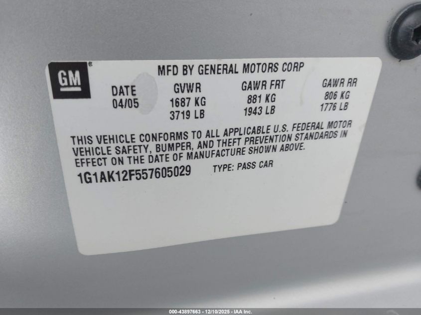 2005 Chevrolet Cobalt VIN: 1G1AK12F557605029 Lot: 43897663