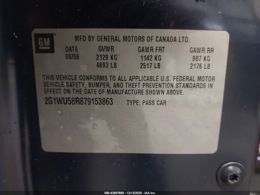 2007 Chevrolet Impala Ltz VIN: 2G1WU58R879153863 Lot: 43897669