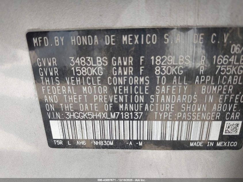 2020 Honda Fit Lx VIN: 3HGGK5H4XLM718137 Lot: 43897671