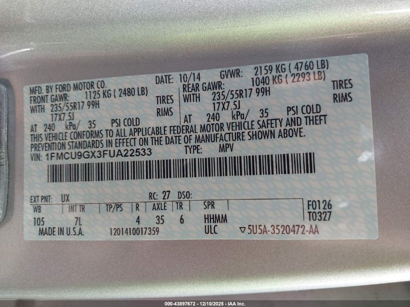 2015 Ford Escape Se VIN: 1FMCU9GX3FUA22533 Lot: 43897672