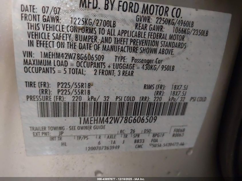 2008 Mercury Sable Premier VIN: 1MEHM42W78G606509 Lot: 43897677