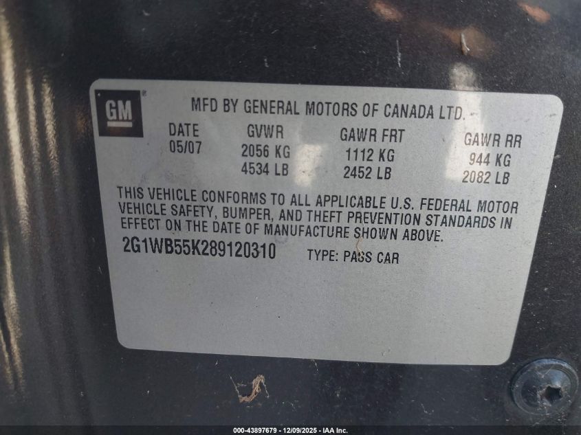 2008 Chevrolet Impala Ls VIN: 2G1WB55K289120310 Lot: 43897679