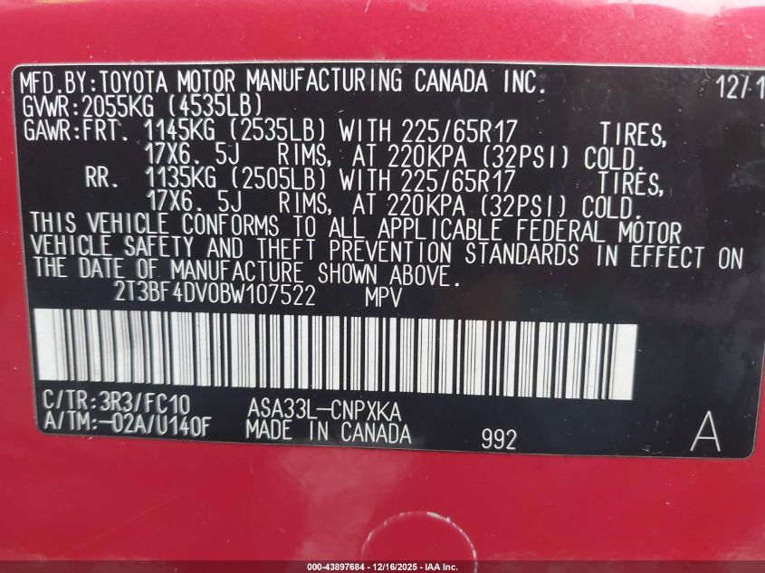 2011 Toyota Rav4 VIN: 2T3BF4DV0BW107522 Lot: 43897684