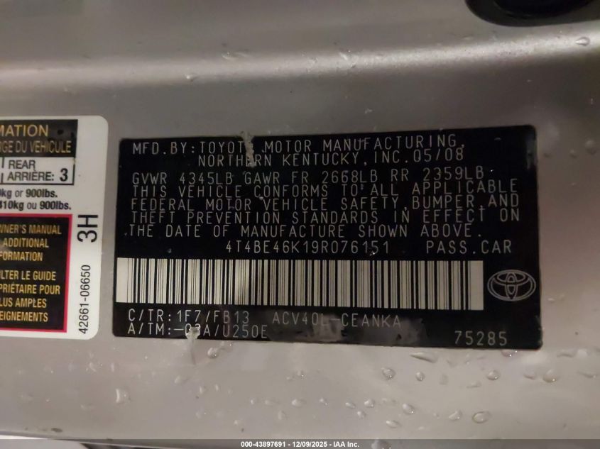 2009 Toyota Camry Le VIN: 4T4BE46K19R076151 Lot: 43897691