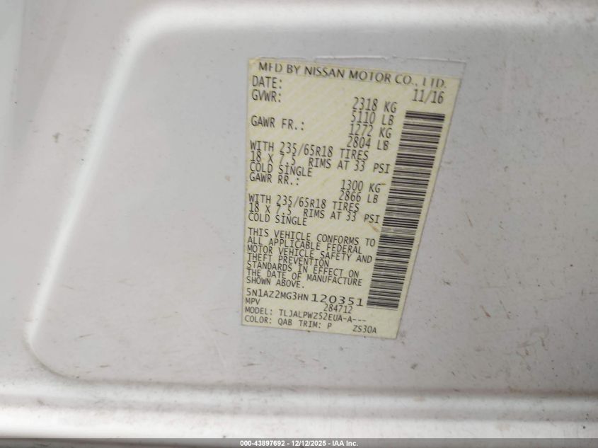 2017 Nissan Murano S VIN: 5N1AZ2MG3HN120351 Lot: 43897692