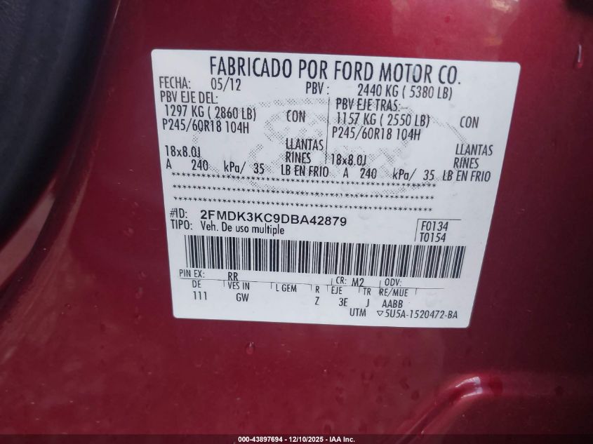 2013 Ford Edge Limited VIN: 2FMDK3KC9DBA42879 Lot: 43897694