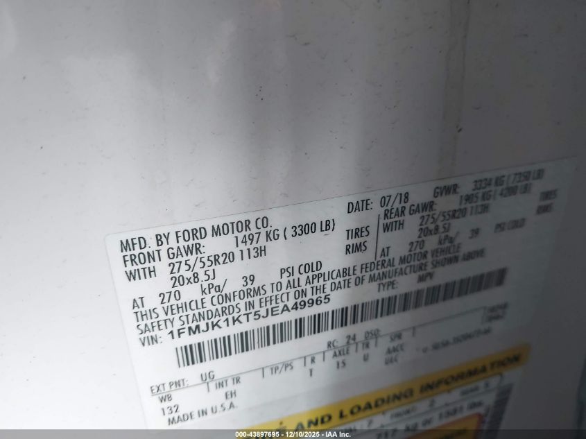 2018 Ford Expedition Max Limited VIN: 1FMJK1KT5JEA49965 Lot: 43897695
