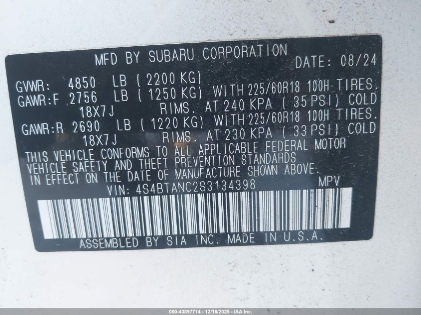 2025 Subaru Outback Limited VIN: 4S4BTANC2S3134398 Lot: 43897714