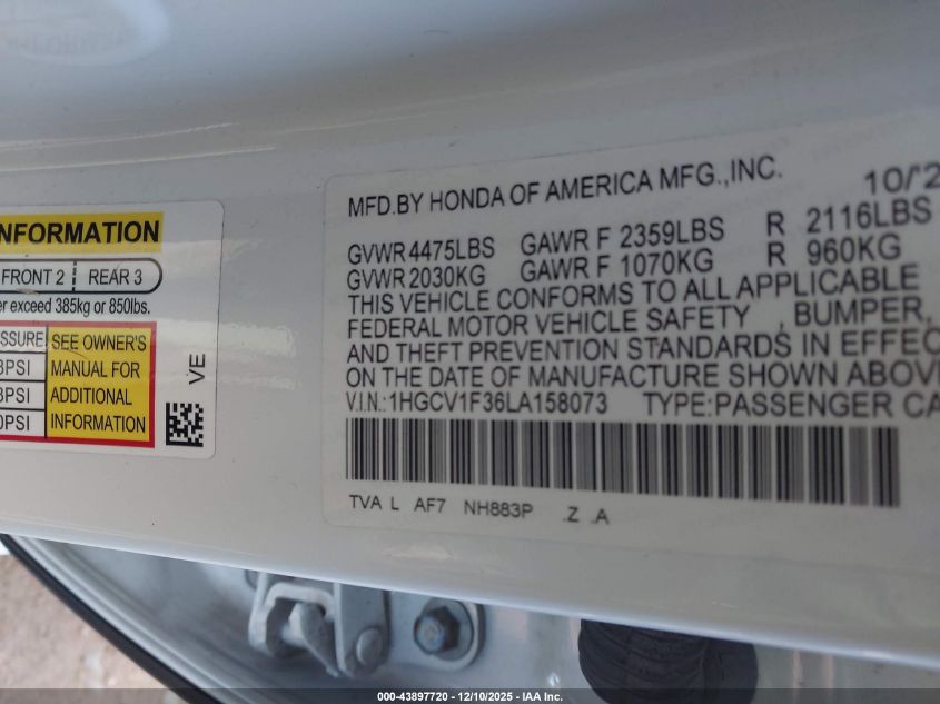 2020 Honda Accord Sport VIN: 1HGCV1F36LA158073 Lot: 43897720