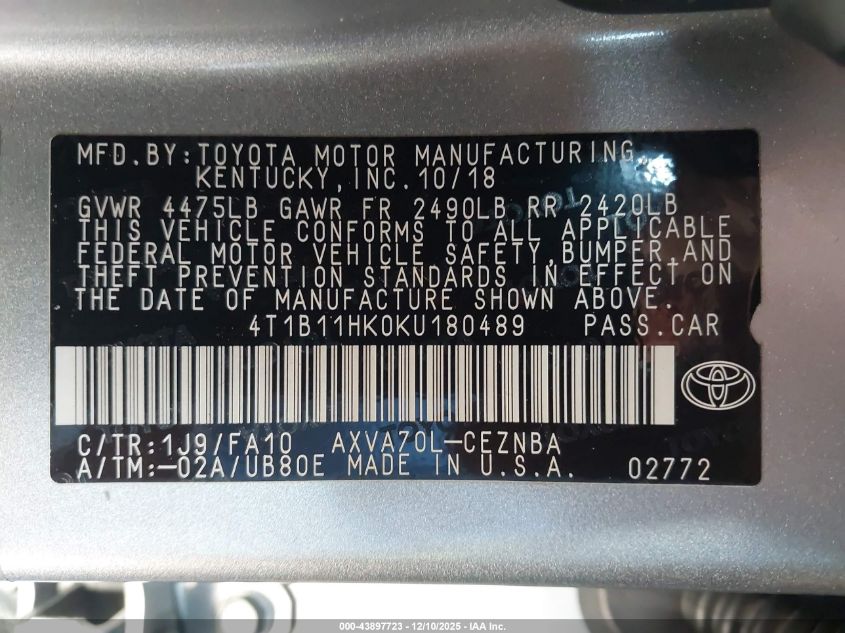 2019 Toyota Camry Le VIN: 4T1B11HK0KU180489 Lot: 43897723
