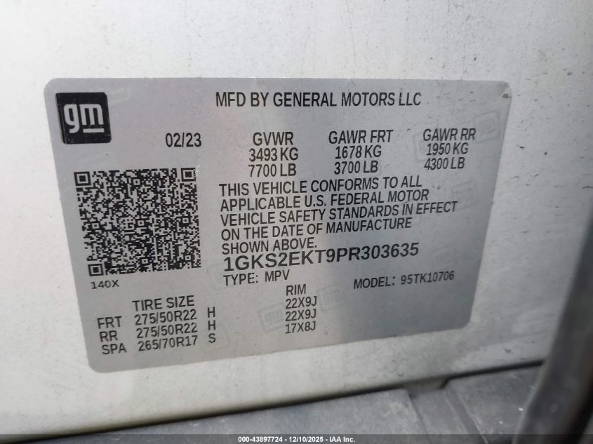 2023 GMC Yukon 4Wd Denali Ultimate VIN: 1GKS2EKT9PR303635 Lot: 43897724