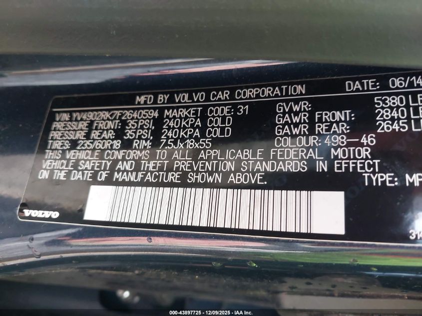 2015 Volvo Xc60 T6 VIN: YV4902RK7F2640594 Lot: 43897725