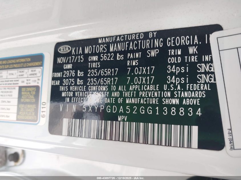 2016 Kia Sorento 3.3L Lx VIN: 5XYPGDA52GG138834 Lot: 43897726