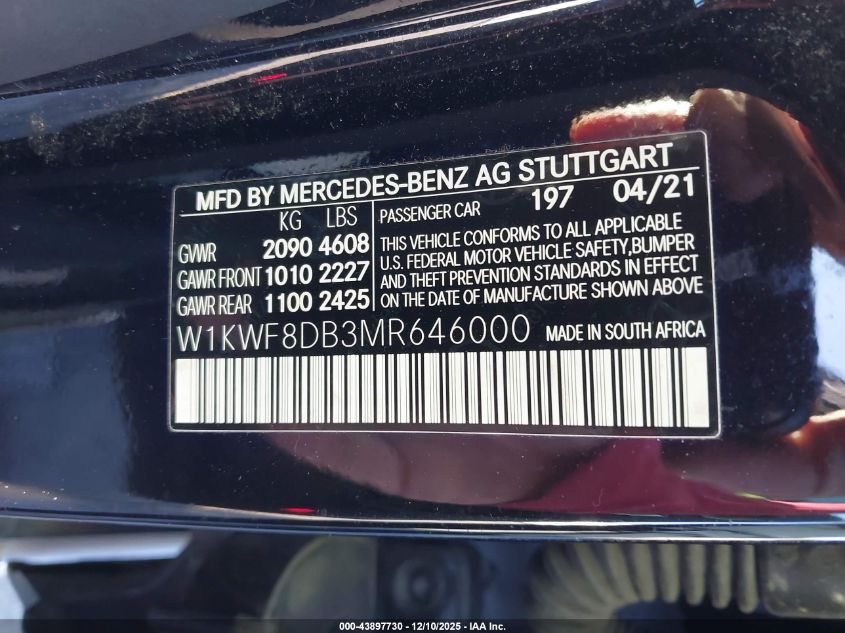 2021 Mercedes-Benz C 300 Sedan VIN: W1KWF8DB3MR646000 Lot: 43897730