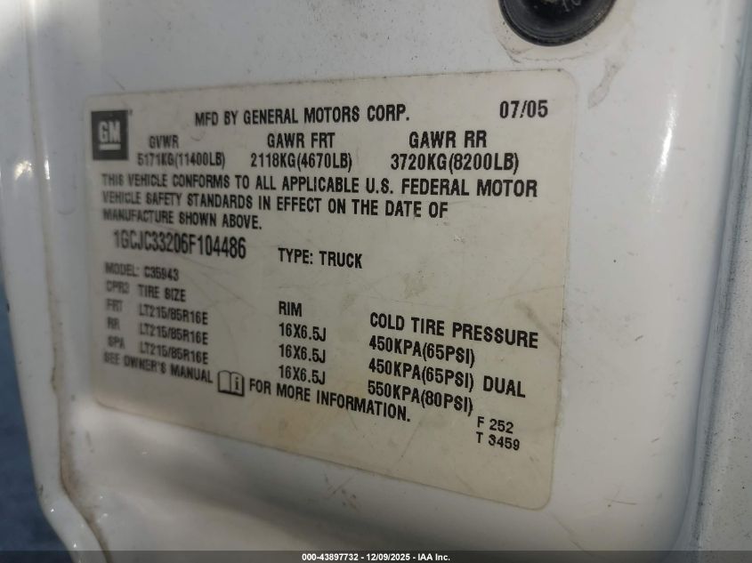 2006 Chevrolet Silverado 3500 Lt1 VIN: 1GCJC33206F104486 Lot: 43897732
