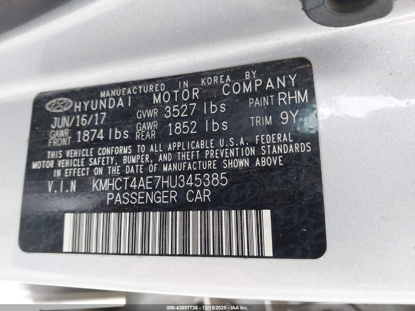 2017 Hyundai Accent Se VIN: KMHCT4AE7HU345385 Lot: 43897736