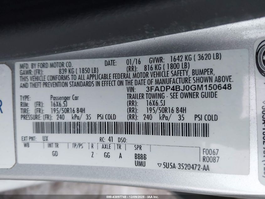 2016 Ford Fiesta Se VIN: 3FADP4BJ0GM150648 Lot: 43897748