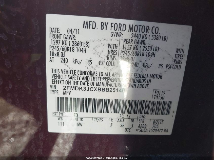 2011 Ford Edge Sel VIN: 2FMDK3JCXBBB25140 Lot: 43897763