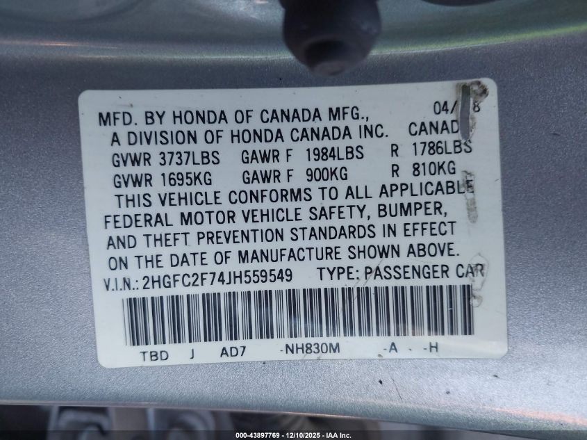 2018 Honda Civic Ex VIN: 2HGFC2F74JH559549 Lot: 43897769