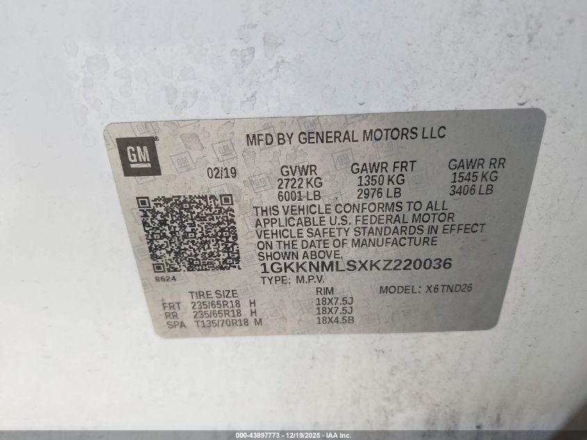 2019 GMC Acadia Slt-1 VIN: 1GKKNMLSXKZ220036 Lot: 43897773