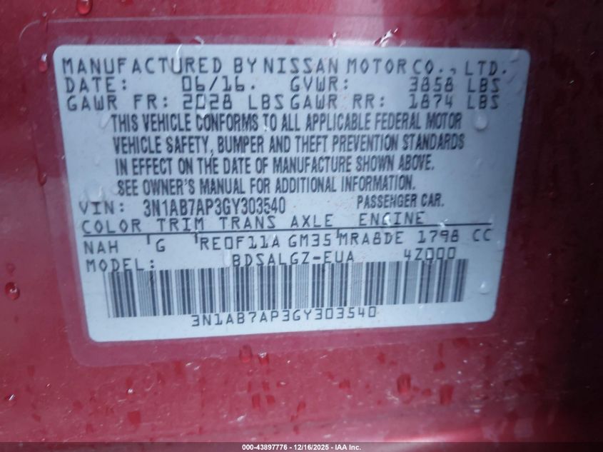 2016 Nissan Sentra Sl VIN: 3N1AB7AP3GY303540 Lot: 43897776