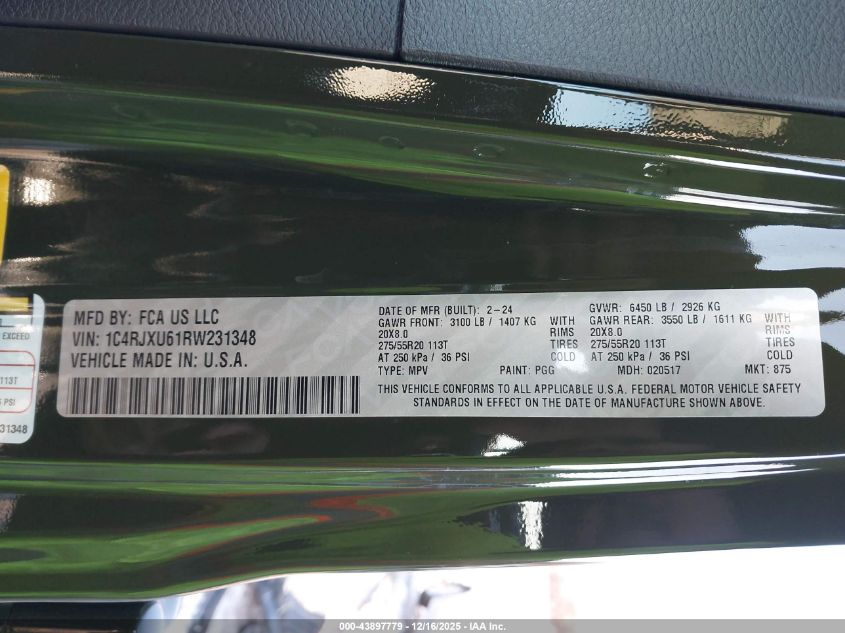 2024 Jeep Wrangler 4Xe Summit 4Xe VIN: 1C4RJXU61RW231348 Lot: 43897779