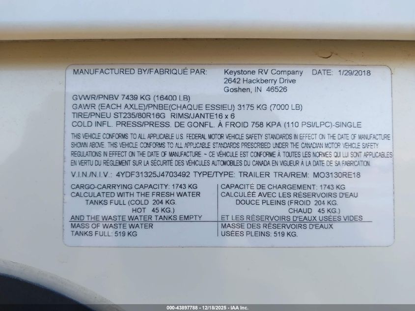 2018 Keystone Montana VIN: 4YDF31325J4703492 Lot: 43897788