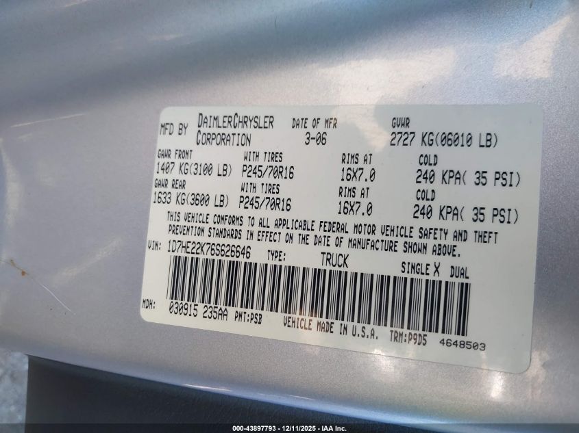 2006 Dodge Dakota St VIN: 1D7HE22K76S626646 Lot: 43897793