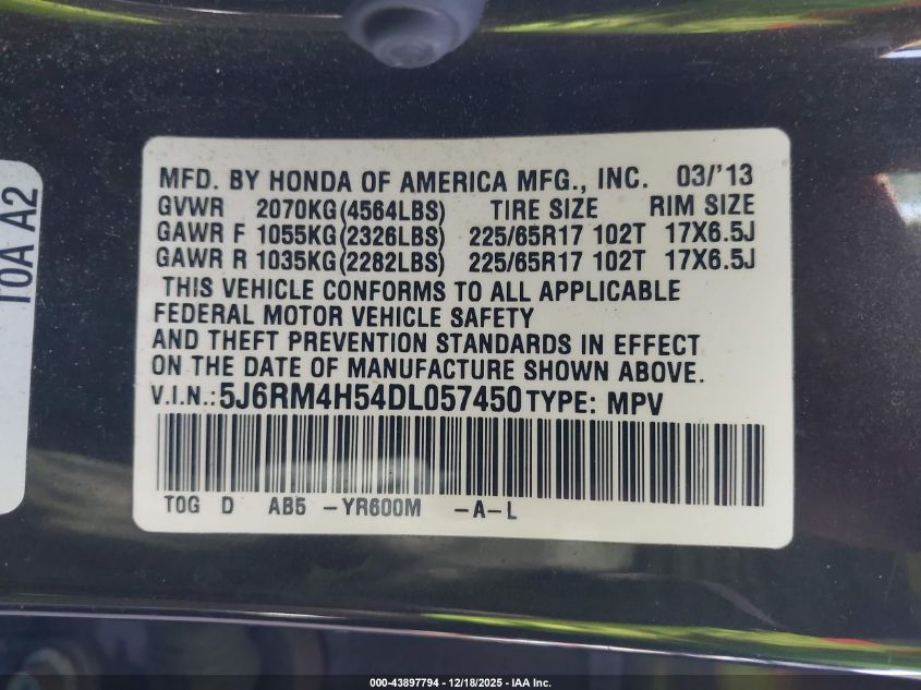 2013 Honda Cr-V Ex VIN: 5J6RM4H54DL057450 Lot: 43897794