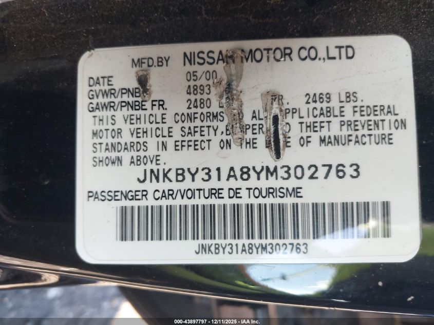 2000 Infiniti Q45 Anniversary Edition/Touring VIN: JNKBY31A8YM302763 Lot: 43897797