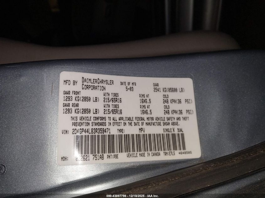 2003 Dodge Grand Caravan Sport VIN: 2D4GP44L83R359471 Lot: 43897798