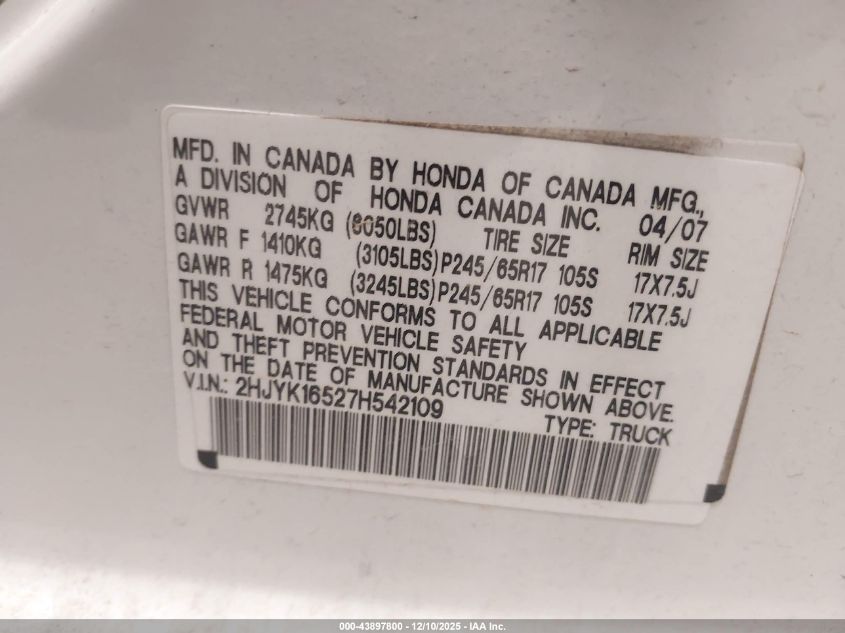 2007 Honda Ridgeline Rtl VIN: 2HJYK16527H542109 Lot: 43897800