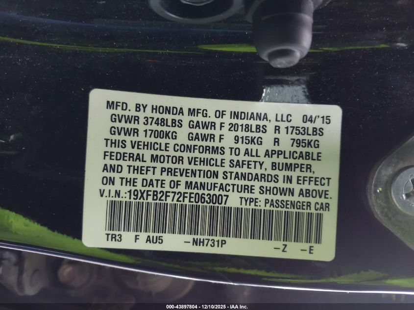 2015 Honda Civic Se VIN: 19XFB2F72FE063007 Lot: 43897804