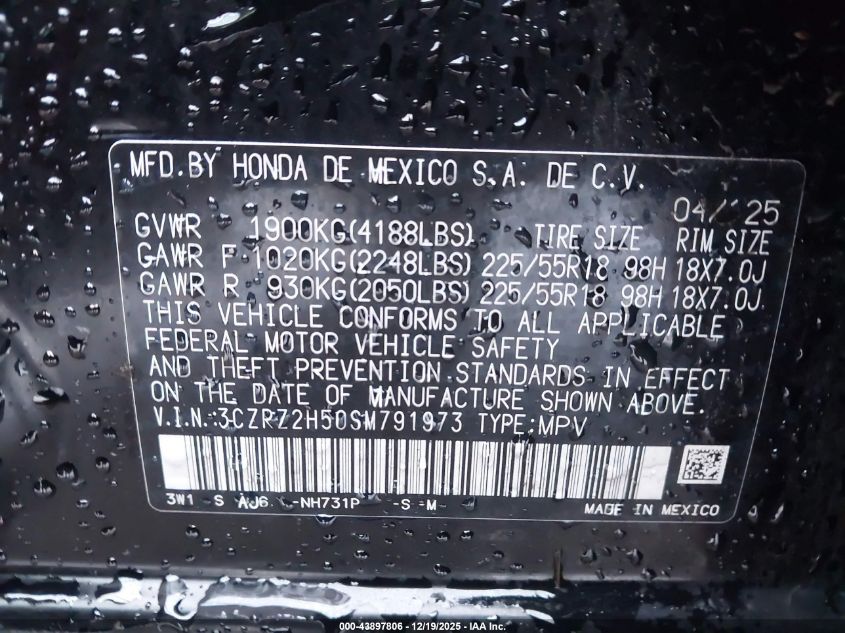 2025 Honda Hr-V Awd Sport VIN: 3CZRZ2H50SM791973 Lot: 43897806