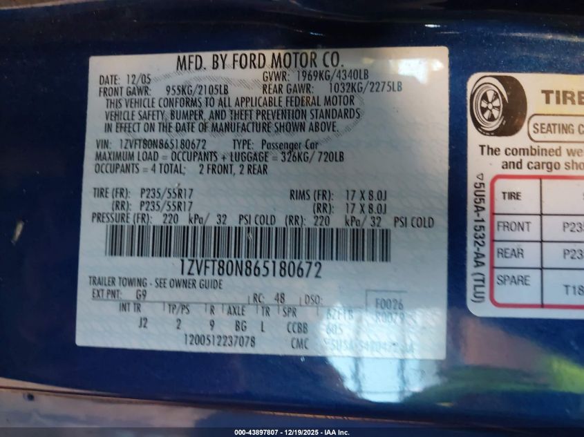 2006 Ford Mustang V6 VIN: 1ZVFT80N865180672 Lot: 43897807