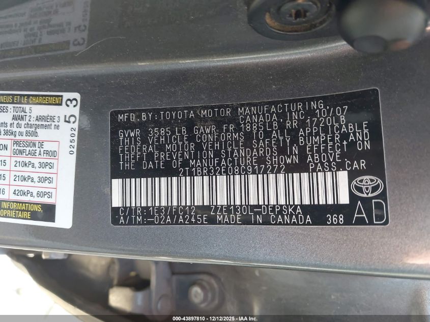 2008 Toyota Corolla S VIN: 2T1BR32E08C917272 Lot: 43897810