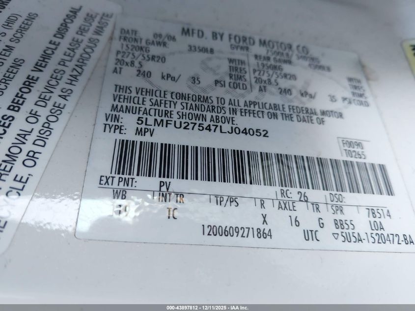 2007 Lincoln Navigator Ultimate VIN: 5LMFU27547LJ04052 Lot: 43897812