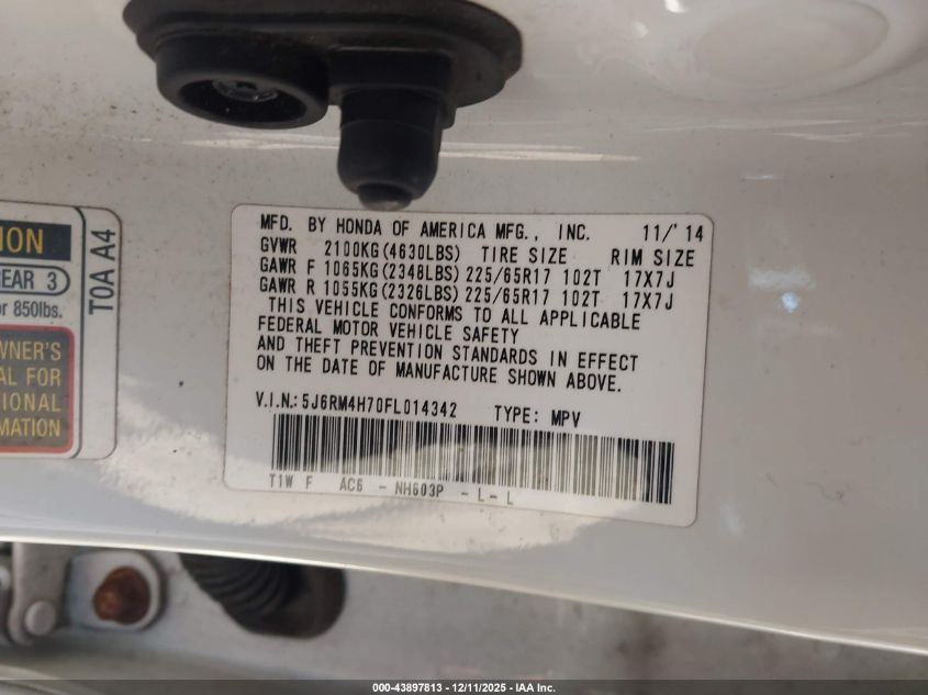 2015 Honda Cr-V Ex-L VIN: 5J6RM4H70FL014342 Lot: 43897813