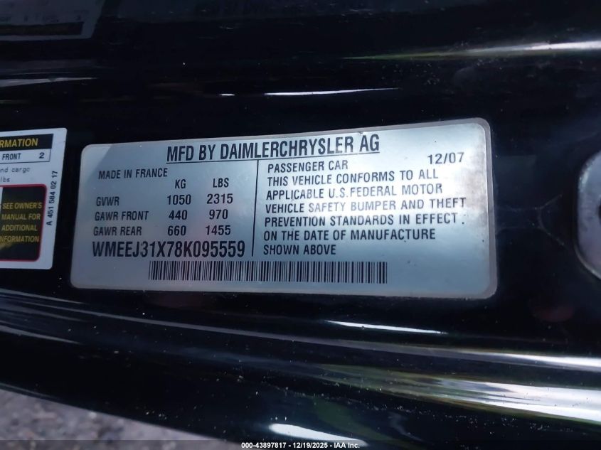 2008 Smart Fortwo Passion/Pure VIN: WMEEJ31X78K095559 Lot: 43897817