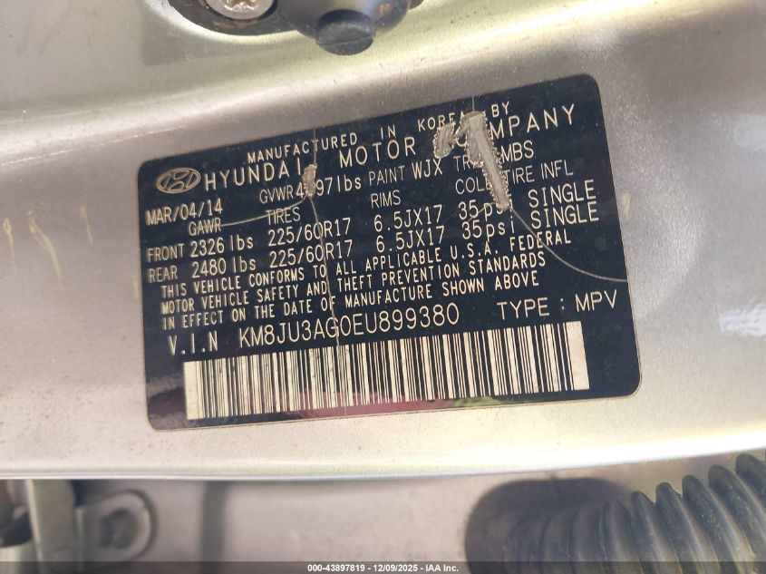 2014 Hyundai Tucson Se VIN: KM8JU3AG0EU899380 Lot: 43897819
