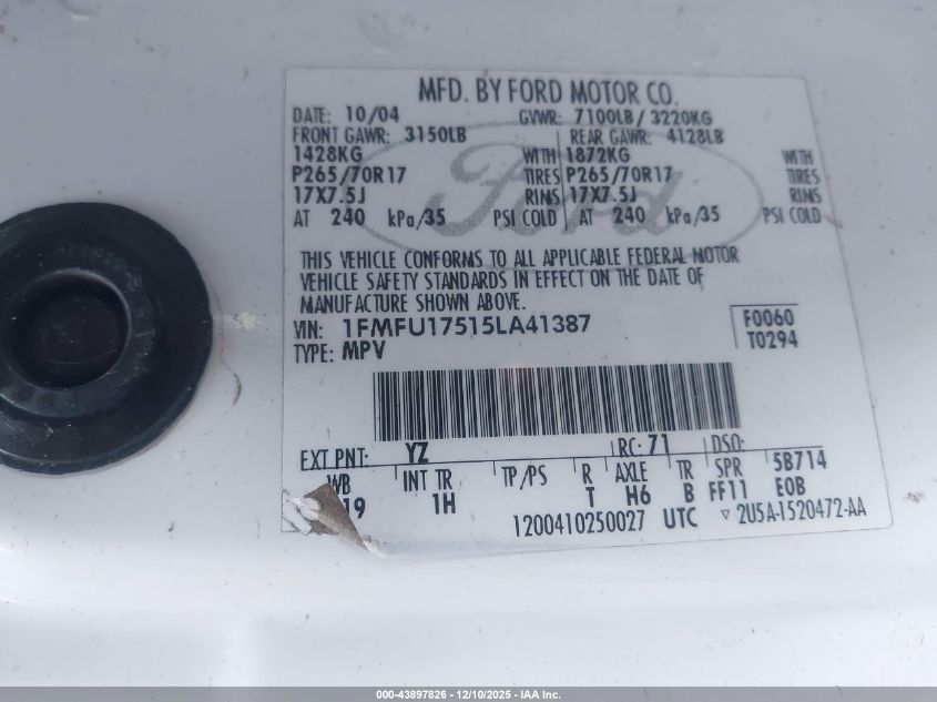 2005 Ford Expedition Eddie Bauer/King Ranch VIN: 1FMFU17515LA41387 Lot: 43897826