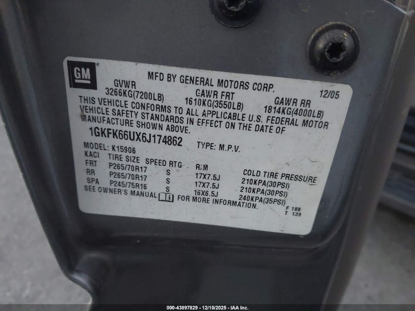 2006 GMC Yukon Xl 1500 Denali VIN: 1GKFK66UX6J174862 Lot: 43897829