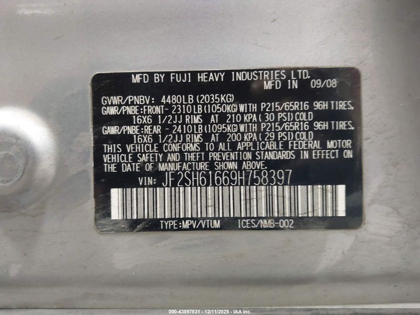 2009 Subaru Forester 2.5X VIN: JF2SH61669H758397 Lot: 43897831