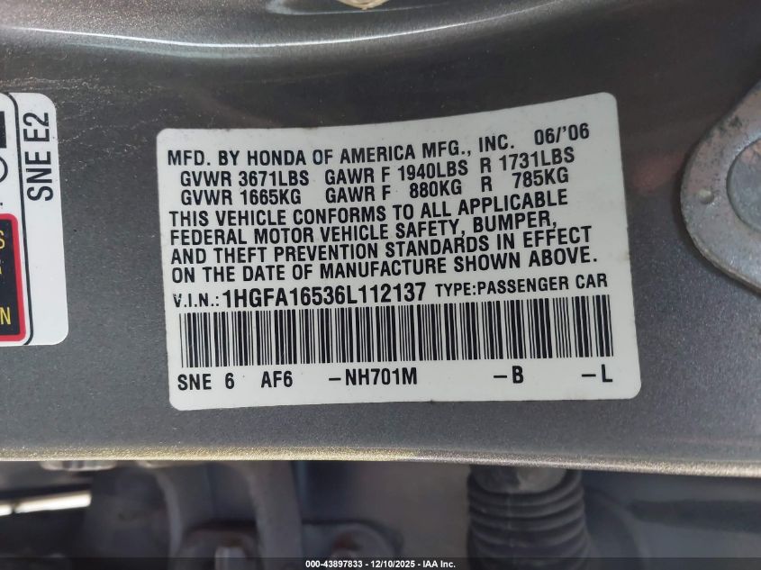 2006 Honda Civic Lx VIN: 1HGFA16536L112137 Lot: 43897833