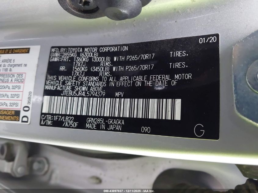 2020 Toyota 4Runner Sr5 Premium VIN: JTEBU5JR4L5794379 Lot: 43897837