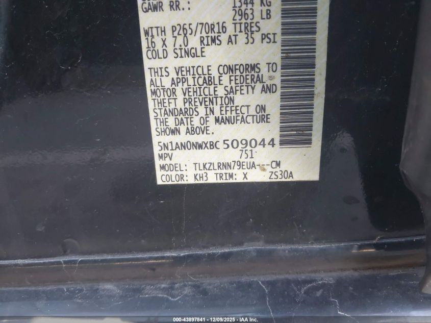 2011 Nissan Xterra S VIN: 5N1AN0NWXBC509044 Lot: 43897841